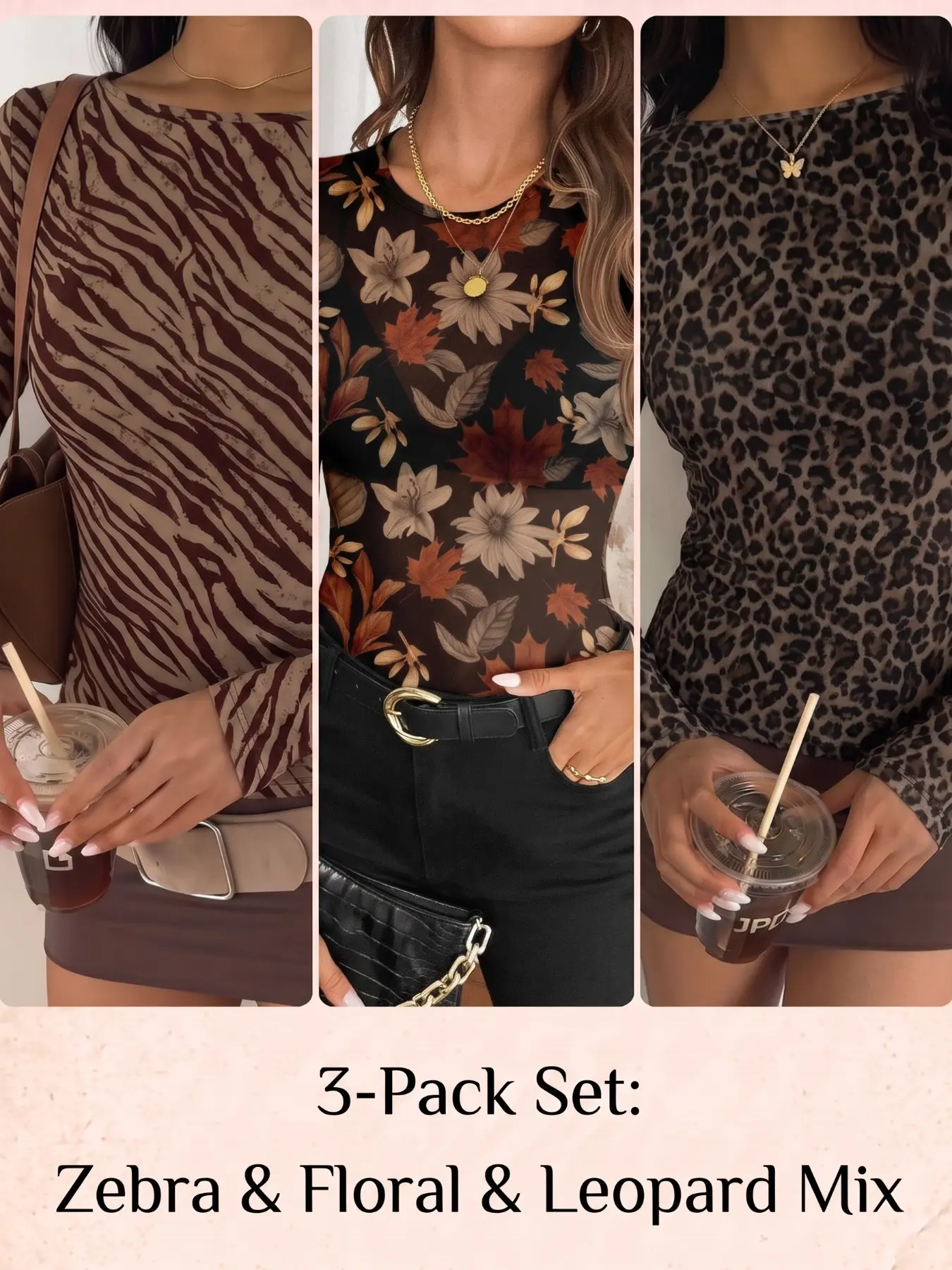Round Neck Zebra Print Long Sleeve Top, 3-Pack Stretch Fitted Vintage Fall Shirt, Soft Skin-Friendly Versatile Innerwear T-Shirt