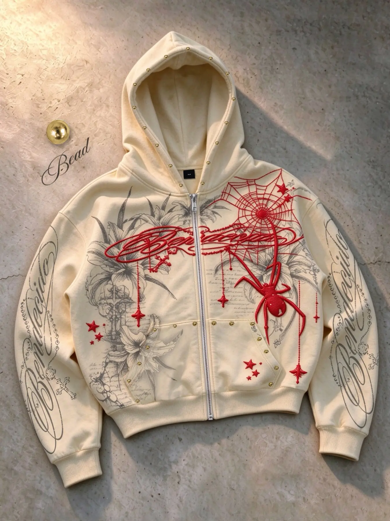 Y2K Retro Gothic Men’s Zip-Up Hooded Jacket – Features 3D puff-print red spiderwebs, sketched lily motifs, rivet embellishments on the hood, and handwritten-style lettering on the sleeves. A unisex streetwear-inspired zip-up hoodie Sweatshirts