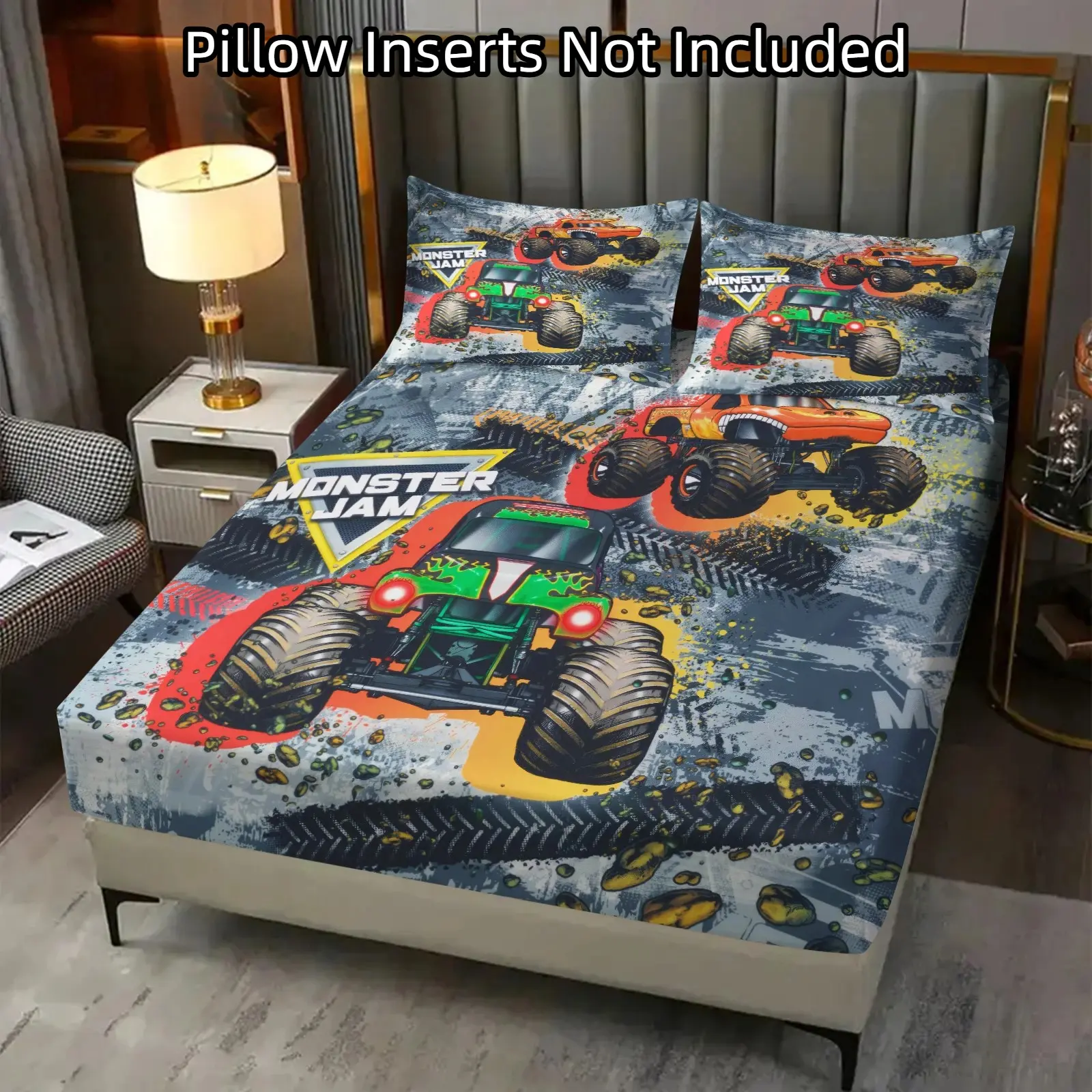 Monster Truck Print 3-Piece Fitted Sheet Set, 1 Fitted Sheet & 2 Pillowcases (Pillow Inserts Not Included), Cool Off-Road Vehicle Bedding, Soft Skin-Friendly Bed Linen, Non-Slip Dustproof Fitted Sheet, Bedroom & Dorm Decor, Holiday & Housewarming Gift