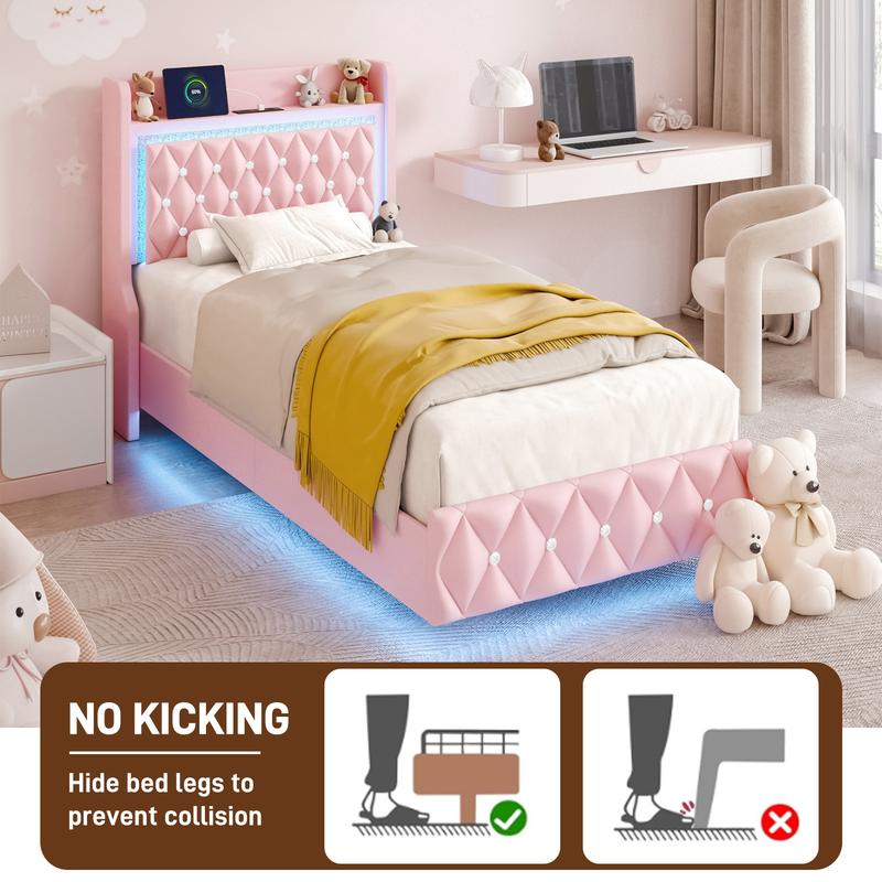 Floating Twin/Full/Queen Bed Frame with LED Light, Upholstered Platform Twin Bed with Charging Station & Wingback, Diamond Tufted Storage Headboard & Footboard, PU Leather, No Box Spring Needed, White/Pink Floating Twin/Full/Queen Bed Frame with LED Light, Upholstered Platform Twin Bed with Charging Station & Wingback, Diamond Tufted Storage Headboard & Footboard, PU Leather, No Box Spring Needed, White/Pink