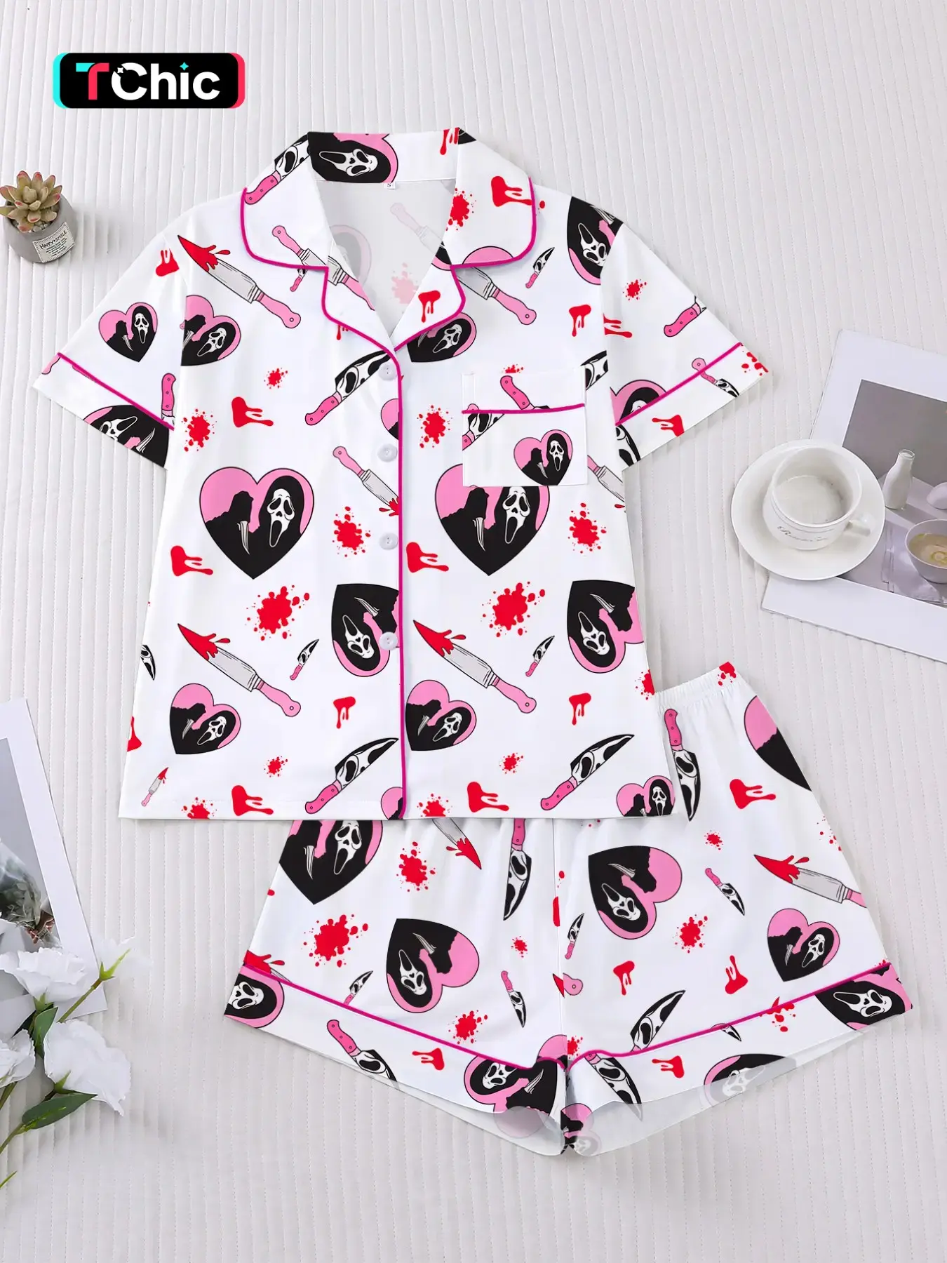 Halloween Pajama Set, Gothic Print Women's 2-Piece Sleepwear, Short Sleeve Button Shirt & Elastic Shorts, Comfortable Home Wear, Loungewear