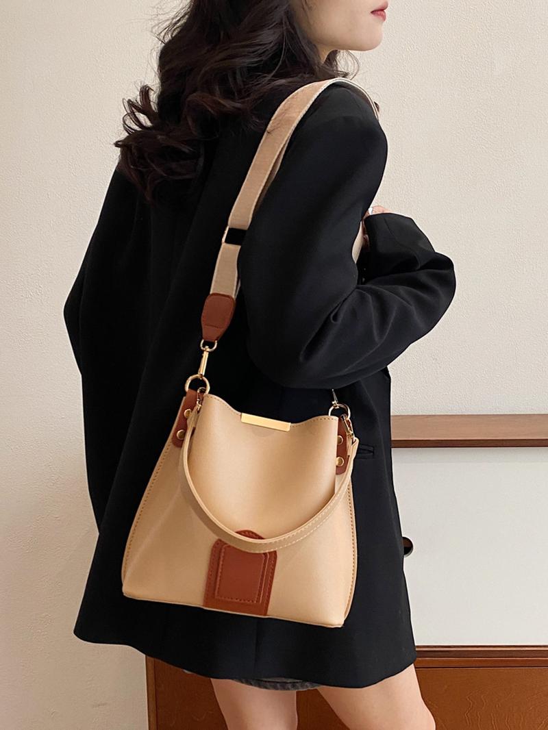 Women's Elegant PU Leather Bucket Bag, Fashionable Vintage Classic Texture Shoulder Bag with Wide Strap, Casual Versatile Crossbody Bag for Work, Commuting, Dating, Shopping and Daily Use