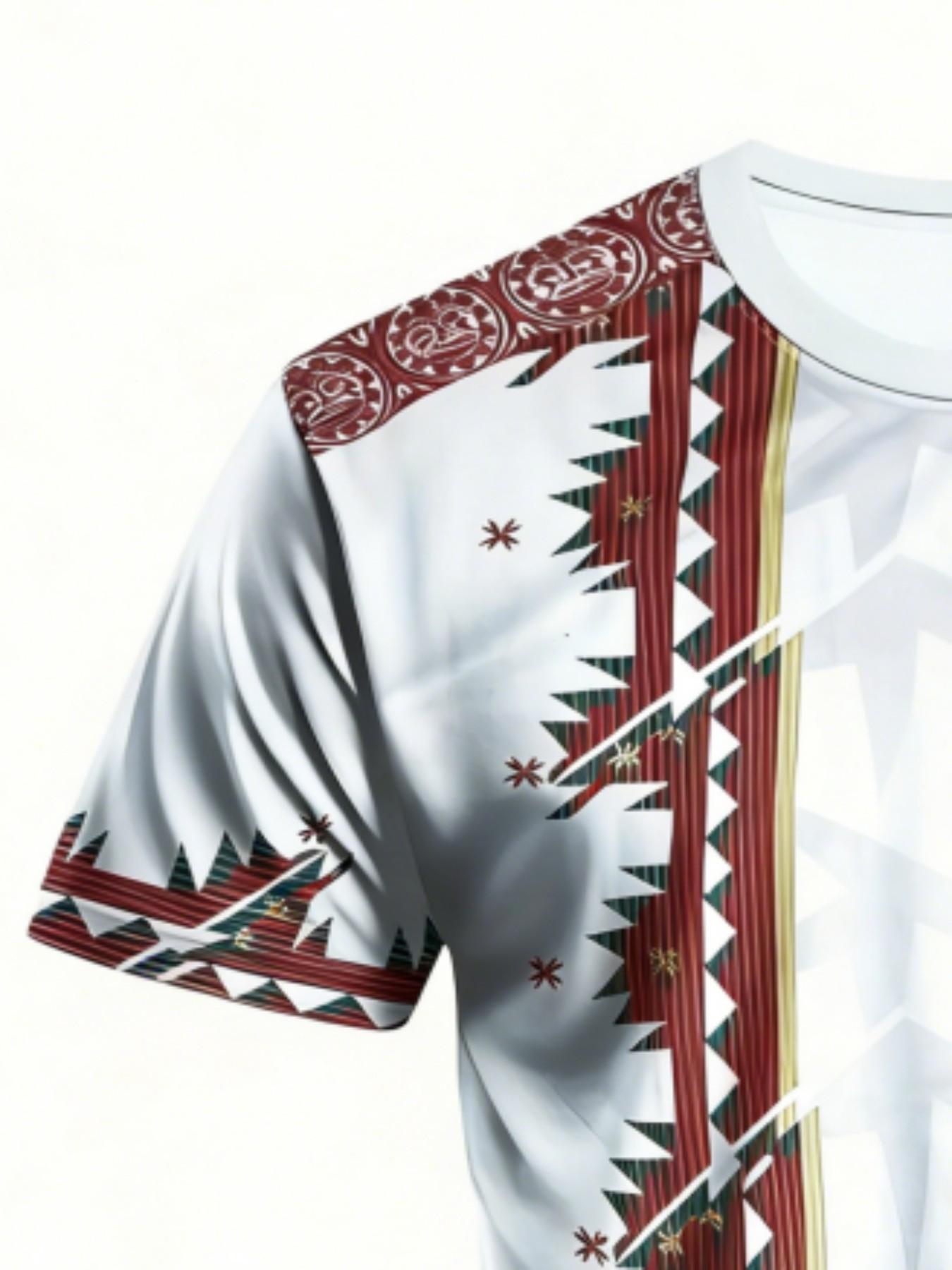 Men's Aztec Tribal Geometric T-Shirt, Native Culture Street Style Round Neck Short Sleeve Top, Loose-Fitting All Seasons Clothing