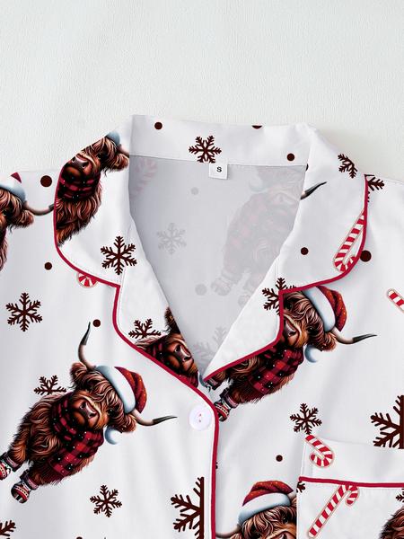 【Christmas Pajamas】Cute Highland Cow Animal Print Short Sleeve Pajama Set, Comfortable Sleepwear for All Seasons, Christmas Gift