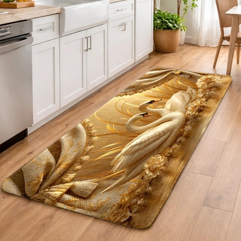 Luxury Swan Floral Rug Soft Flannel Non Slip Rubber Backing Machine Washable Indoor Outdoor Floor Mat Multipurpose Decor Perfect For Living Room Bedroom Kitchen Bathroom Entryway Door Mat Pet Mat Home Decoration Treads Stair Non-Slip