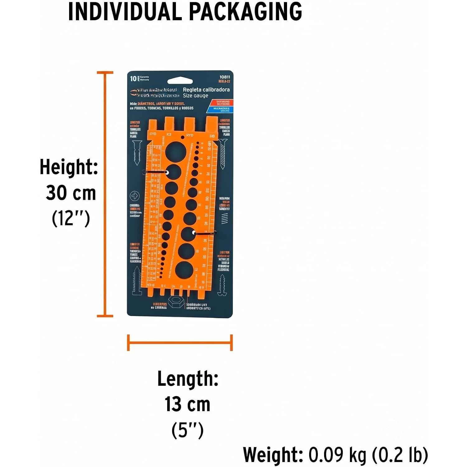 22 cm Nut and Bolt Measuring Gauge (Model 10811 / REGLA-22) | Metric and Standard (SAE) Sizer, Heavy-Duty Thread Pitch, Diameter, and Length Identifier Ruler for Workshop and DIY
