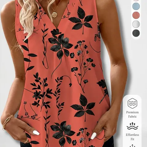 New Summer Women's V-Neck Ruched Sleeveless Everyday Tank Top, Leaf & Floral Print, Loose Elegant Fit, Casual Wear for Office, Date & Vacation