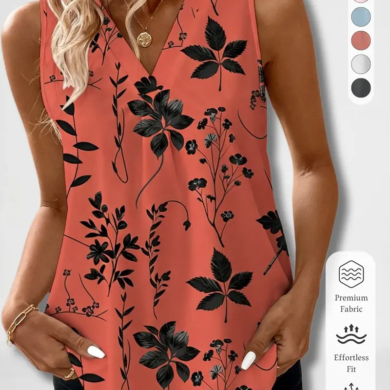 New Summer Women's V-Neck Ruched Sleeveless Everyday Tank Top, Leaf & Floral Print, Loose Elegant Fit, Casual Wear for Office, Date & Vacation