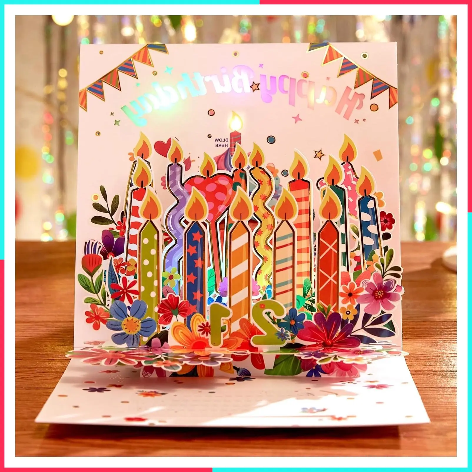 3D Pop Up Musical Birthday Card with LED Light and Music, Blowable Candle Firework Greeting for Women, Wife, Mom, Grandma, Daughter, Sister, Girlfriend, Husband, Grandparent, Grandfather