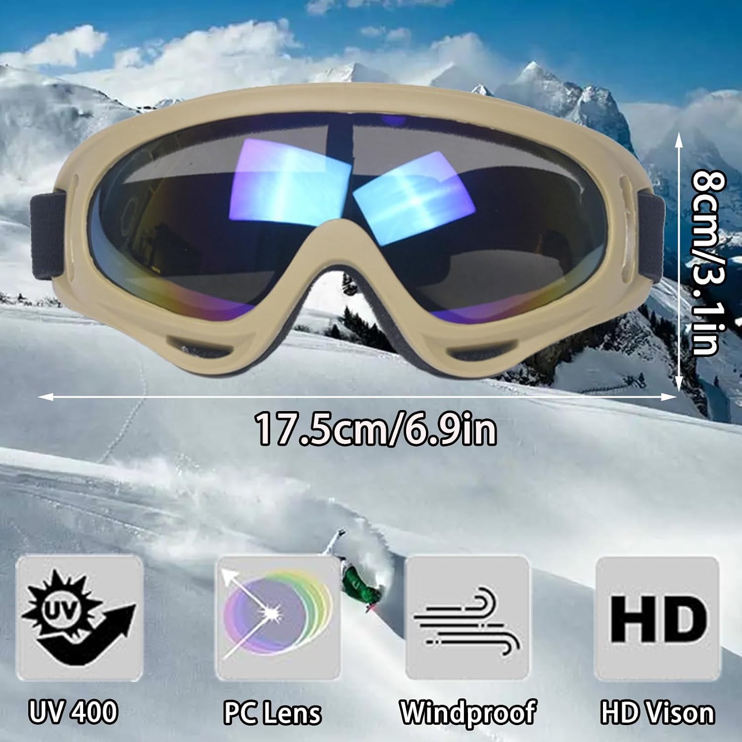 Ski Goggles Snowboard Goggles, UV Protection Windproof  Anti-Scratch Winter Snow  Glass for Men Women