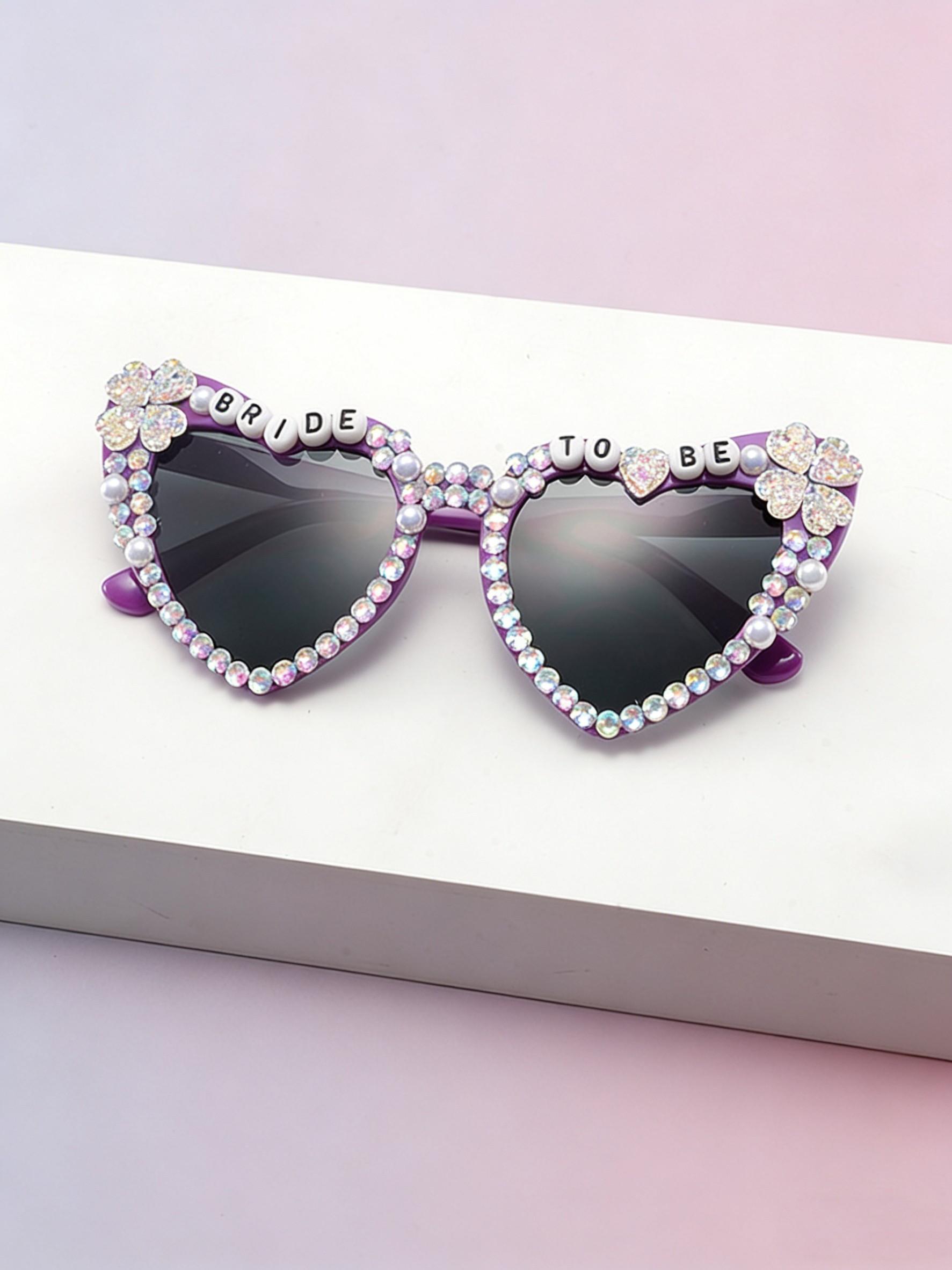 Bride-To-Be Full-Diamond Heart Sunglasses, Pearl Clover Decoration, Pre-Wedding Singles Party Photo Sun Glasses, Elegant Bridal Accessory