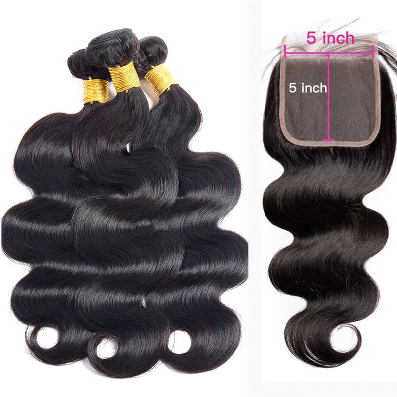 BELE HAIR 6x6 Lace Closure With Bundles For Quick Weave Hairstyle Body Wave Bundles With 5x5 Transaprent Lace Closure Brazilian Hair Bundles With Lace Closure Natural Black Color For Women  Unprocessed Weave Bundles Extension With Swiss Lace Closures