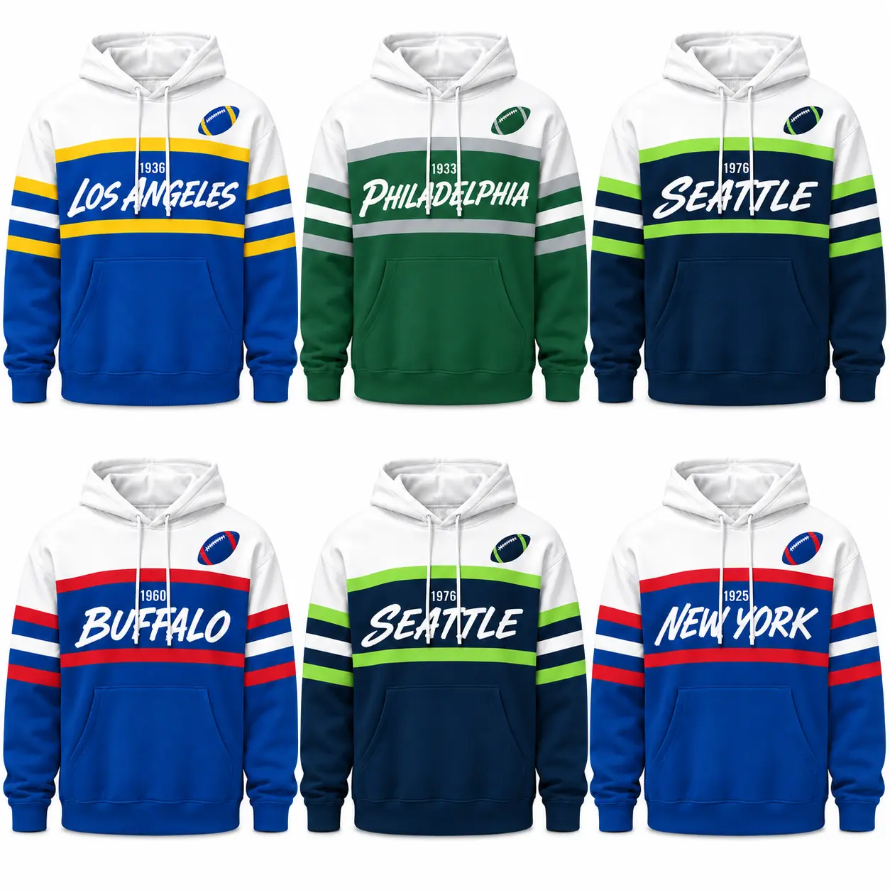Unisex Retro Football Rugby City Years Graphic Hoodie, All Team Print Color Block Long‑Sleeve Pullover Hoodie Sweatshirt, Game Day Fan Apparel for Sports Casual Wear