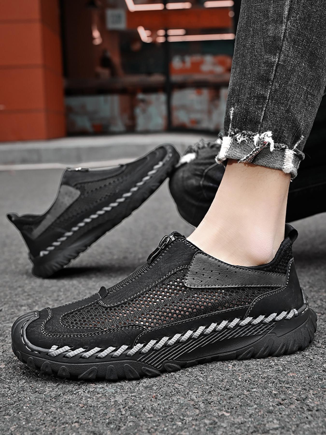 Men's Solid Color Mesh Zipper Toe Casual Shoes, Soft Sole, Non-Slip, Hand-Stitched, Breathable Slip-On Lazy Dad Shoes
