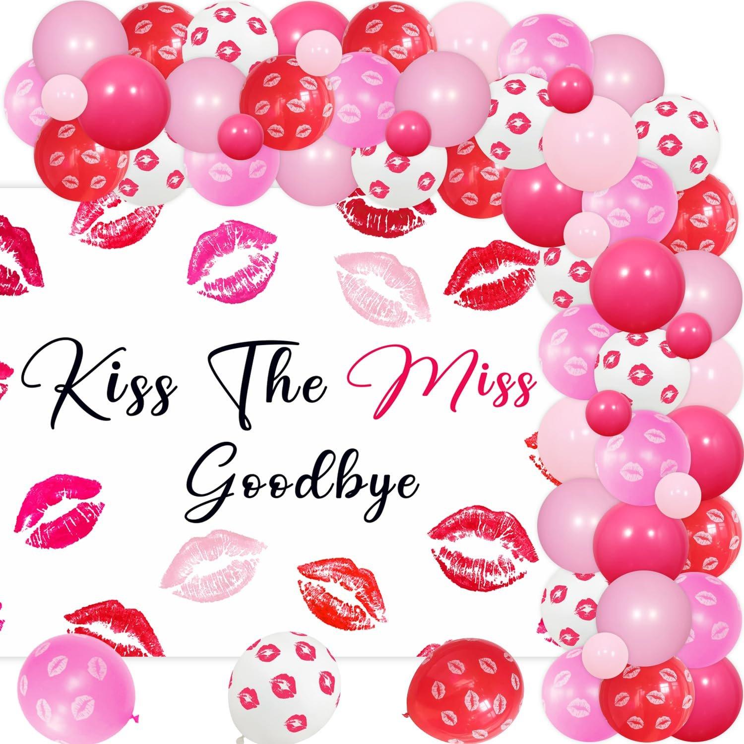 81Pcs Kiss the Miss Goodbye Bachelorette Balloon Kit - Great Value Hot Pink DIY Time Garland Arch Set with Backdrop, Lips Print Red Balloons for Wedding Bridal Shower Decor, Friends & Guests Photography Prop, Balloon Arch Kit