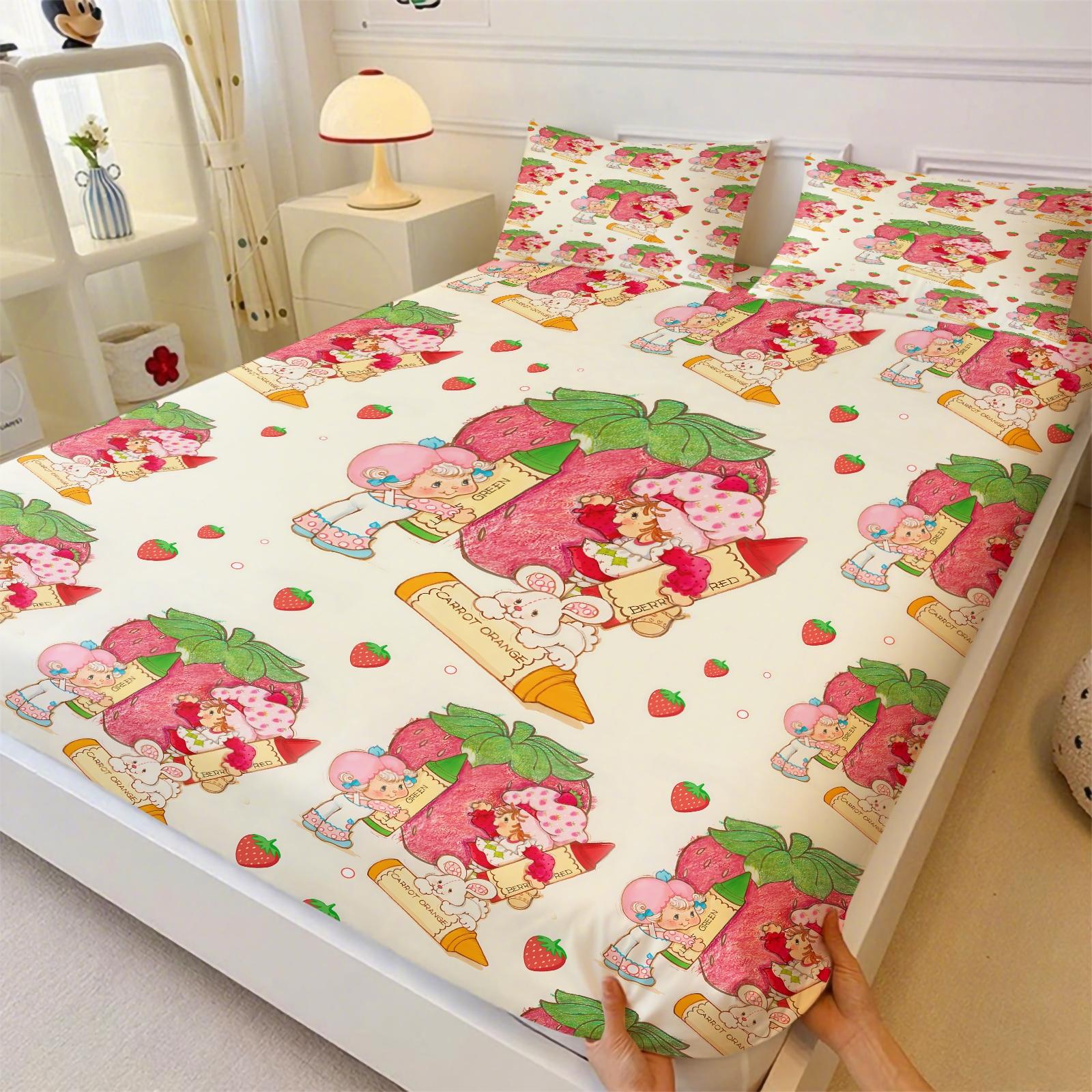 Q Version Strawberry Sweetheart Cartoon Fitted Sheet Set & 2 Pillowcases No Core, Wavy Stripe Design Paired with Cute Cartoon Characters, Soft Anti-Slip Wrinkle-Resistant, Girls' Bedroom Decor, Gift Choice