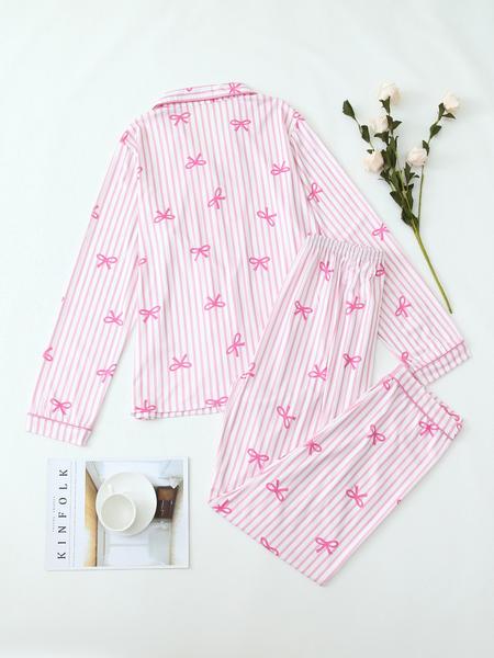 【Valentine Pajamas】Two-Piece Set Women's All Over Bow Print Button Front Shirt & Pants Pyjama, Casual Comfy Long Sleeve Lapel Neck Top & Trousers PJ Set, Women's Sleepwear for Spring & Fall