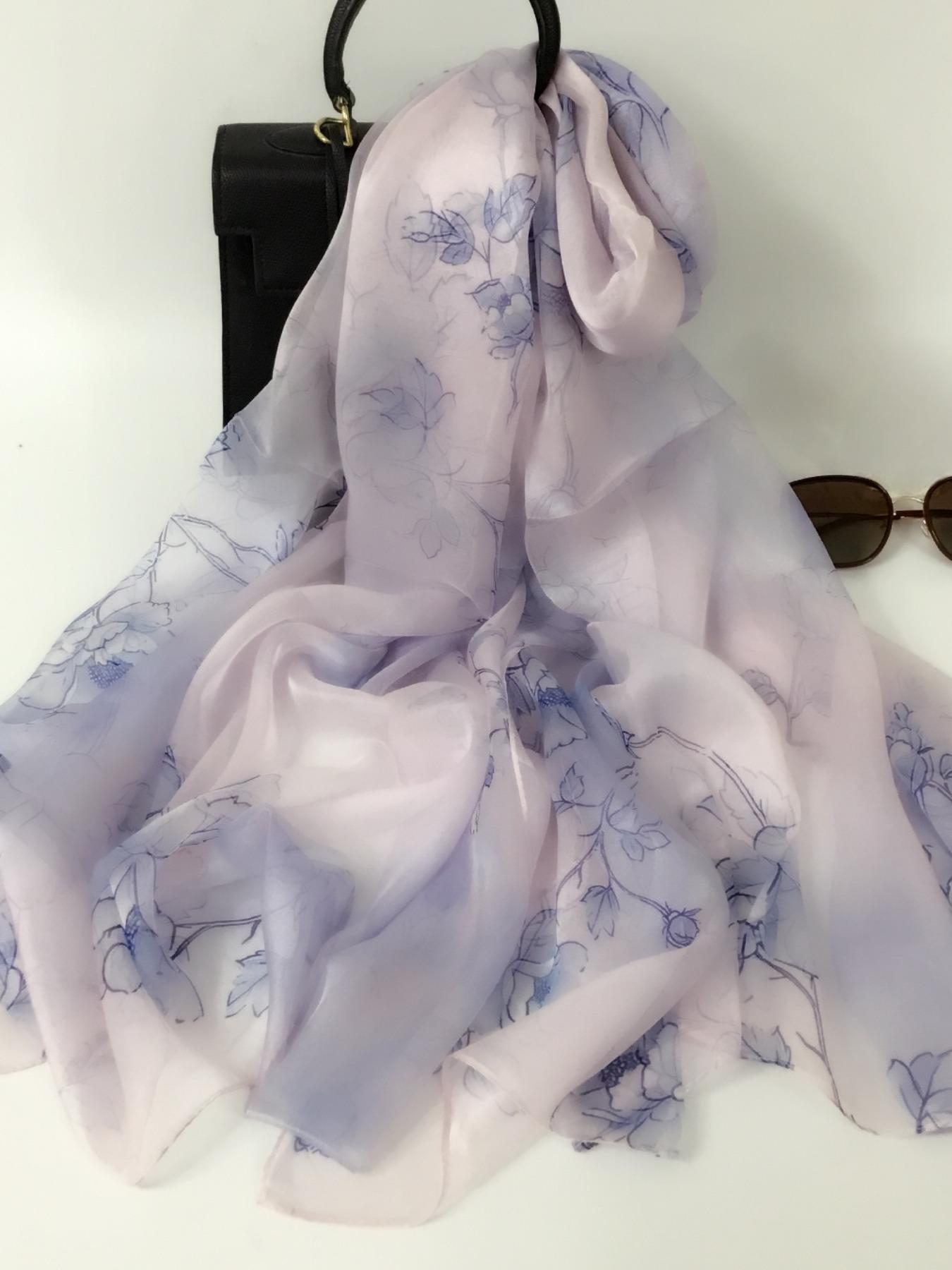175cm*110cm Printed Silk Shawl for Women, High-End Silk Scarf, Lotus Pattern, 100% Mulberry Silk, Soft and Breathable, Ideal Gift