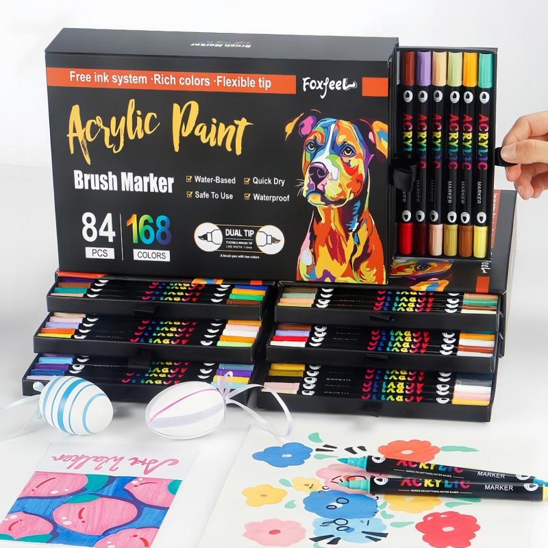 Acrylic Paint Marker Set, 96/120/168 Colors Dual-color Brush Tips Marker Pen, Drawing Pen for Rocks, Wood, Canvas, Plastic, Glass, Ceramic, Art Marker Set