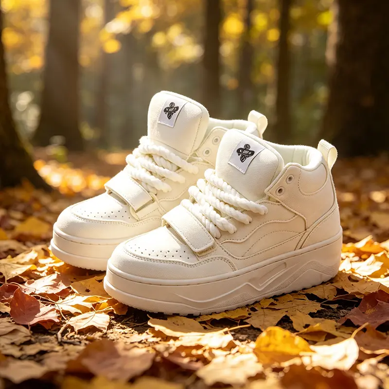 Back‑to‑School Unisex Off‑White High‑Top Chunky Platform Bread Sneakers, Comfort Thick‑Sole Skate Board Shoes With Rope Laces & Velcro Strap, Non‑Slip Trendy Footwear For Teen Boys Girls College Campus