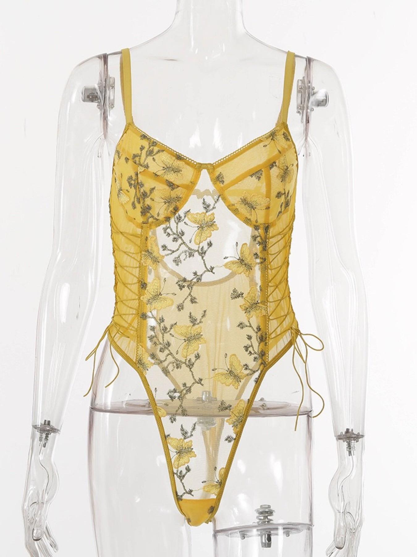 Sheer Mesh Butterfly Embroidery Romper, Adjustable Drawstring Design, Elegant and Stylish One-Piece, Perfect for Special Occasions