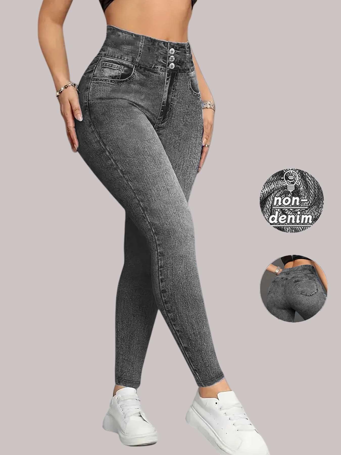 Women's High Waisted Stretch Denim Look Bottoms, Slim Fit Long Pants, Casual Sporty High Waist Butt Lifting Breathable Inner Layer Outerwear