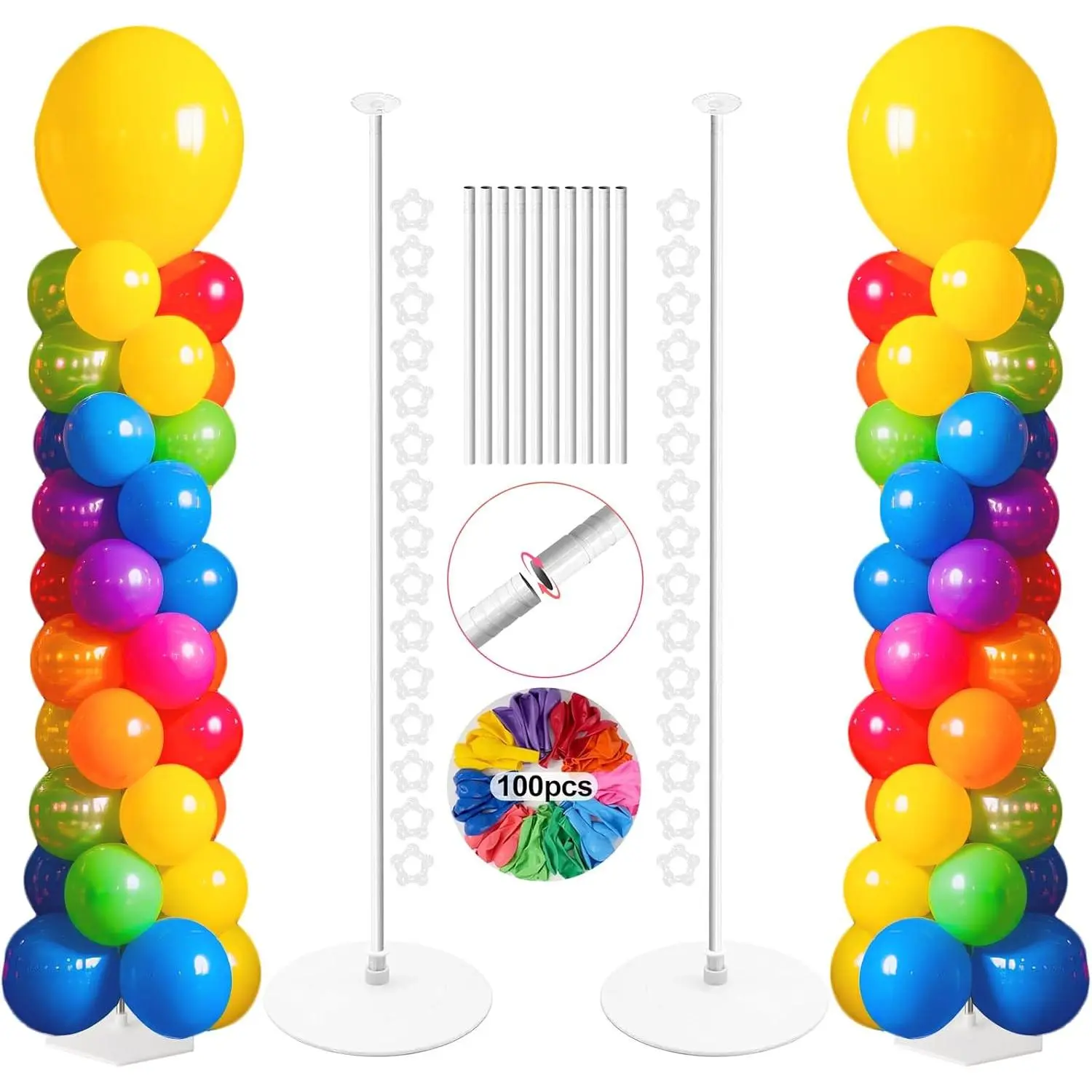 Columnar Balloon Column Set (2-Pack) with 100 Colorful Balls, 78-In Reusable Metal Telescopic Balloon Tower for Weddings, Birthdays