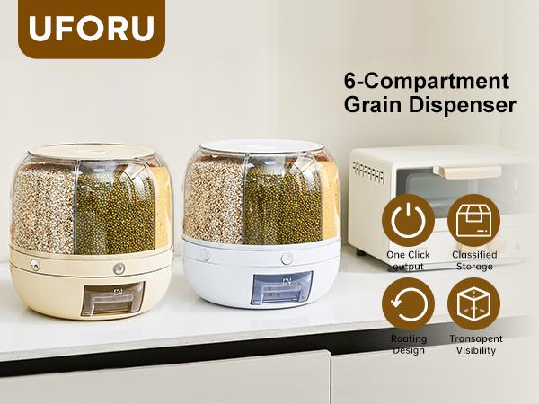 UFORU Moisture-Proof Grain Dispenser with lid, Proof & Insect-Proof, Durable Plastic,360°Rotating Design, Multi-GridGrain Storage Container Perfect for Rice, Grains, Cereals, Flour, Pet Food & Mini Candies FathersDayGift Kitchen Gadgets Kitchenware Home