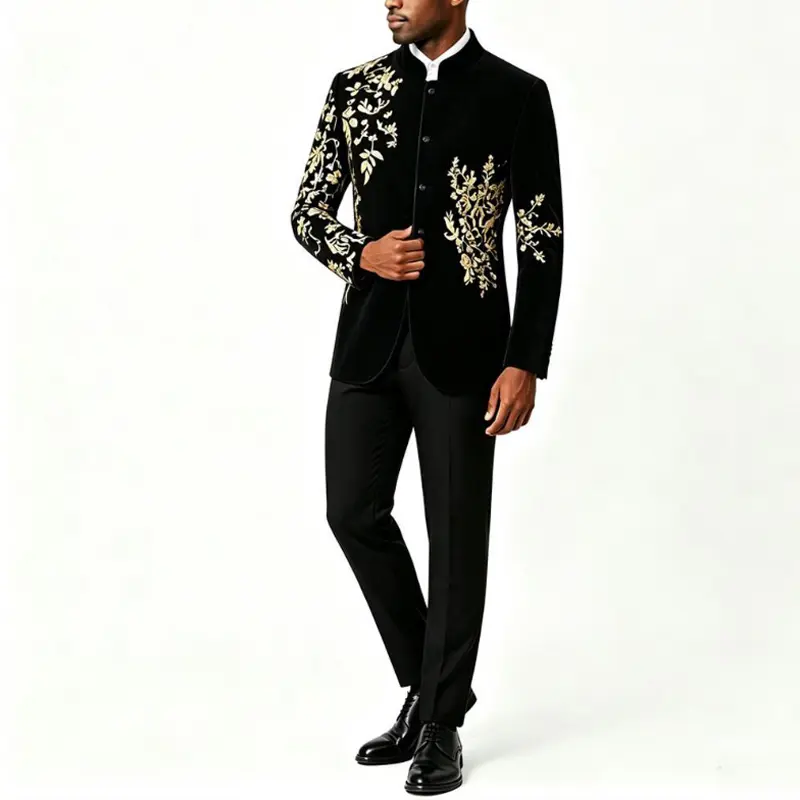Men Stand Collar Velvet Blazer, Gold Floral Embroidery Mandarin Jacket, Slim Fit Formal Suit Jacket for Wedding Party Stage Show