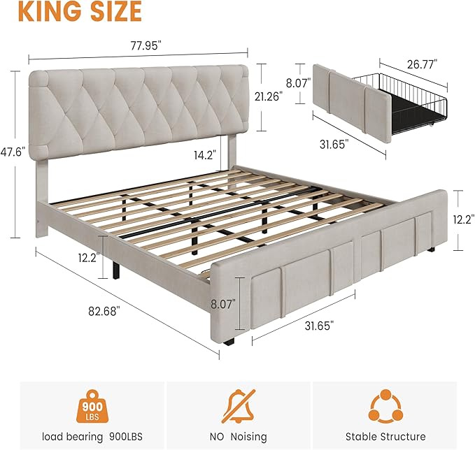 Bed Frame, Upholstered Platform Bed Frame with Storage Drawers, Mattress Foundation with Solid Wooden Slats Support, No Box Spring Needed