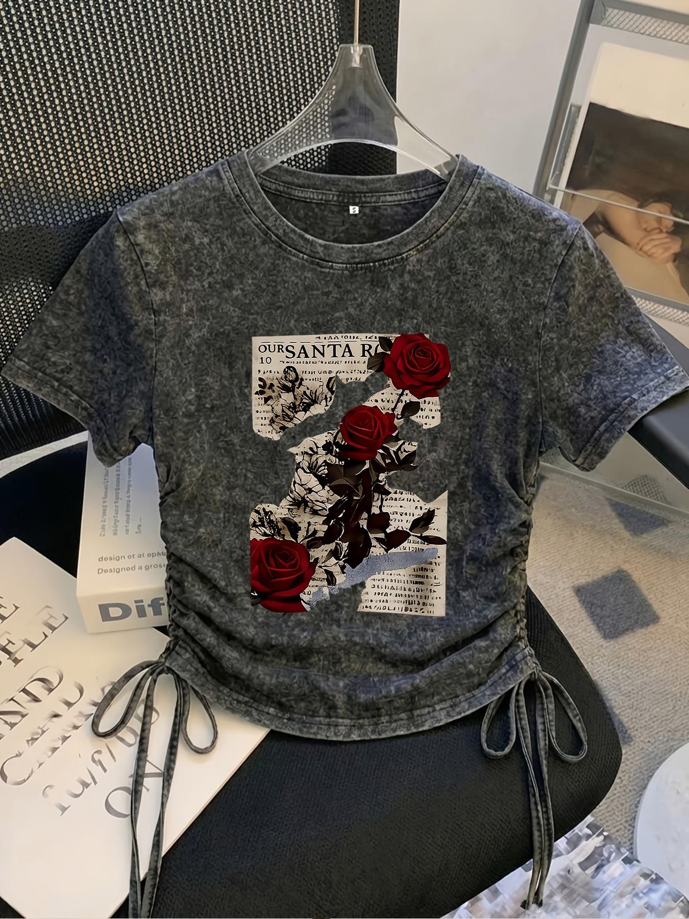Dark retro Vintage newspaper-print rose tee with side drawstrings, Streetwear, Round neck, features washed texture, slim fit, cropped cut, accentuates waist for flattering silhouette, perfect for Instagram-worthy photos