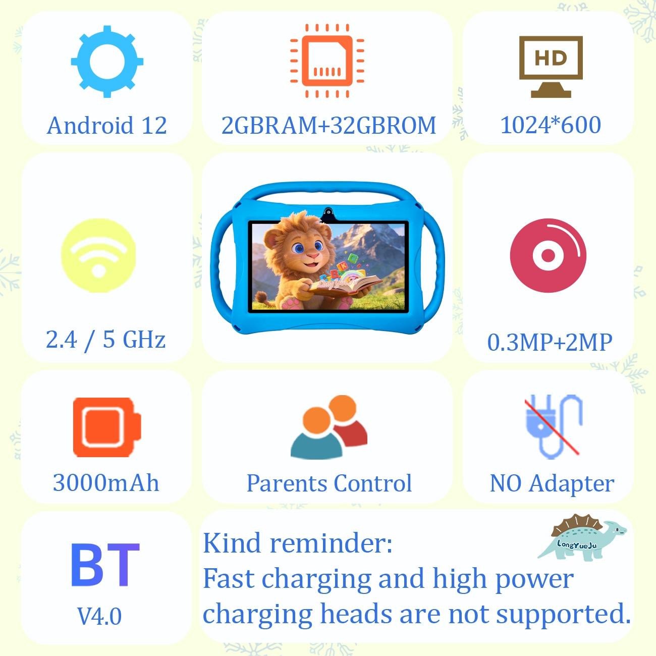 [GiftedInLove] Kids Learning Tablet 7 inch Android 12 Dual Cameras WiFi  Battery Protective Silicone Case Educational Apps Toddler Gifts Stress Relief Case Pink Blue New Year Gift