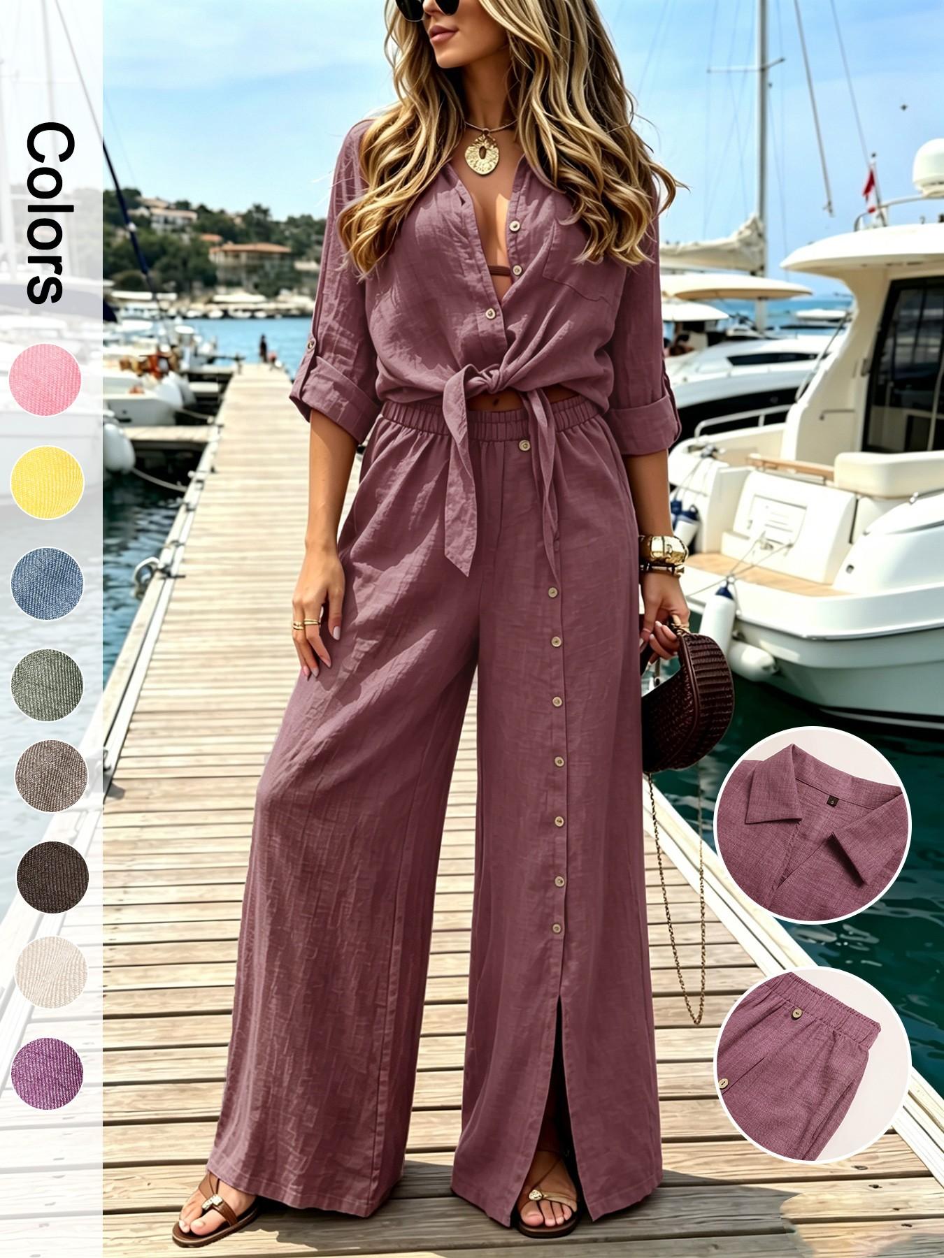 Women's Two-Piece Vacation Style Shirt and Pants Set, Knot Top with Button Decoration, Wide-Leg Pants, Casual Womenswear, Fit