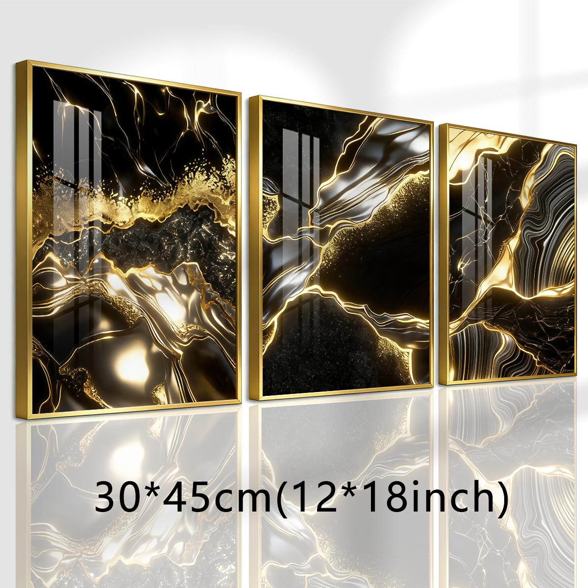 3 Counts Aluminum Alloy Framed Painting, Abstract Black And Gold Fluid Art Pictures, Home Decoration For Living Room, Bedroom, Office, Restaurant, Hallway Wall Decor, Odorless Print Artwork, Luxury Perfect Gift For Friends And Family