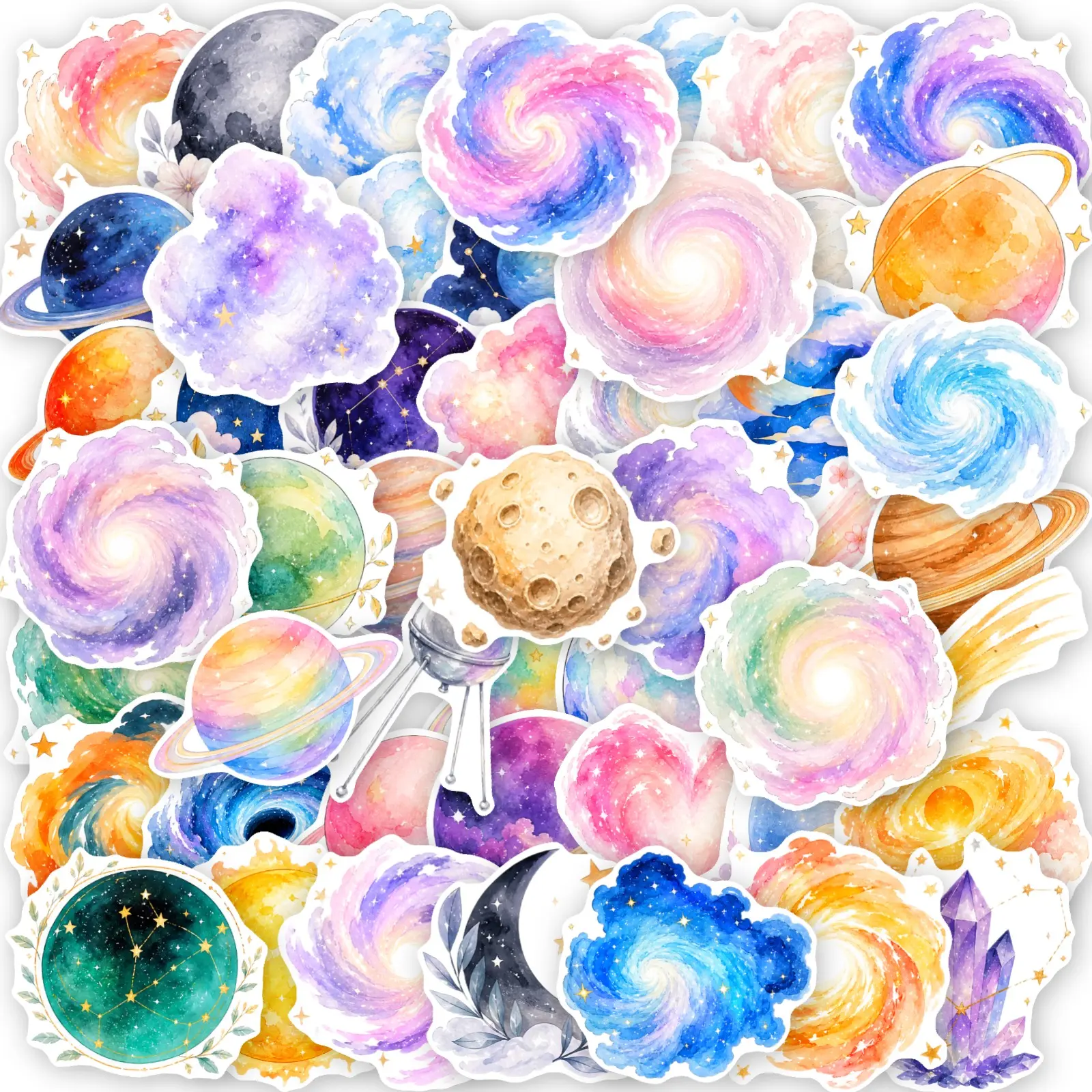 50pcs Watercolor Galaxy Starry Sky Series Stickers, Office Supplies Suitable for Decorating Scrapbooks, Journals, Laptops, Water Bottles, Cars and More, Creative Birthday Gifts