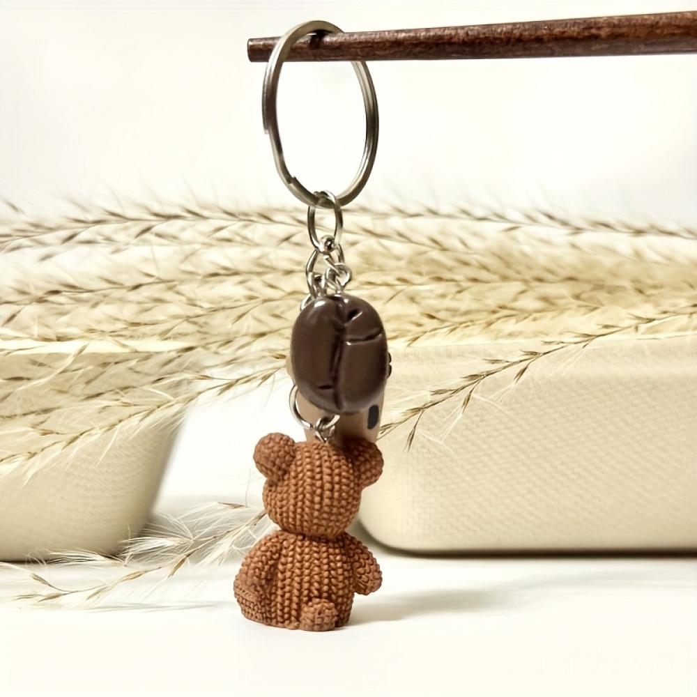 1 Cute Teddy Bear Coffee Charm Keychain - Brown (Coffee Bean Colored), with Metal Ring Closure - Birthday and Coffee Lover Gift, Party Small Gift, Bag and Notebook Decoration - Ladies' Fashion Accessory, Fun Design, Durable Metal Ring