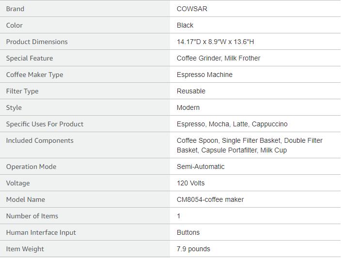 COWSAR Espresso Machine 20 Bar, Semi-Automatic Coffee Maker with Milk Frother Steam Wand, Nespresso Capsule Compatible, 45 oz Removable Water Tank for Cappuccino, Latte, Home,1350W