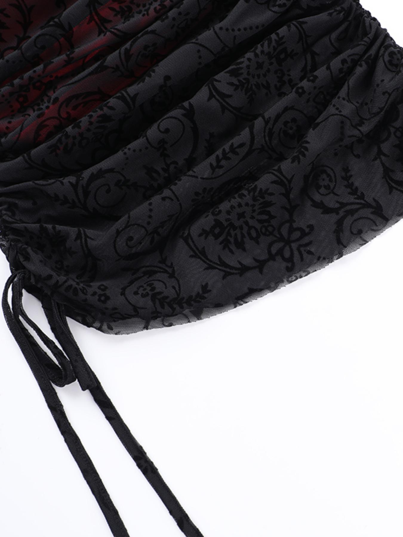 Women's Plants Print Mesh Overlay Ruched Drawstring Crop Cami Top, Elegant Adjustable Strap Camisole for Party Holiday Vacation, Ladies Summer Clothes