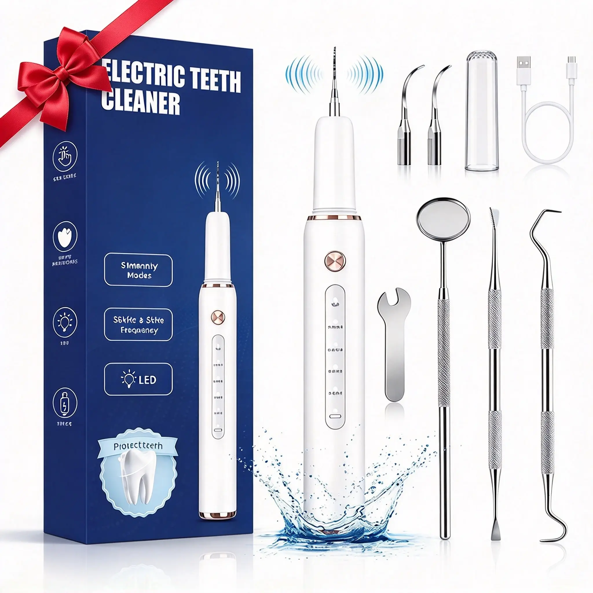 Rechargeable Electric Teeth Cleaning Tool, Replacement Heads, Manual Aid, Home Oral Rinse, Tartar Remover, Dental Care Kit, Daily Use, Rechargeable Oral Irrigator