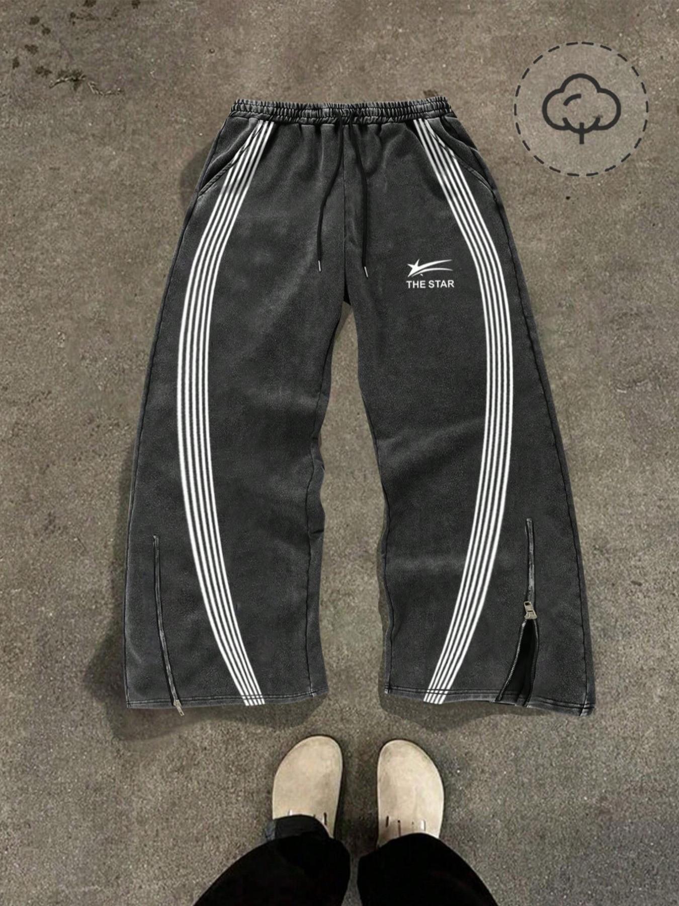 Men's Star & Striped Print Washed Distressed Drawstring Waist Sports Sweatpants, Regular Fit Casual Comfy Fashion Pocket & Zipper Design Pants for Fall & Winter, Sports Bottoms, Casual Athletic Pants, Athleisure Style Bottoms