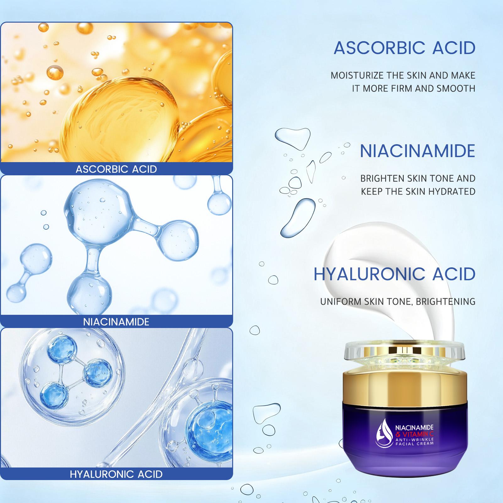 Vitamin C Niacinamide Wrinkle Cream, Gentle Skin Care, Fades Fine Lines, Brightens Skin Tone, Hyaluronic Acid, Long-Lasting Moisture, 50g