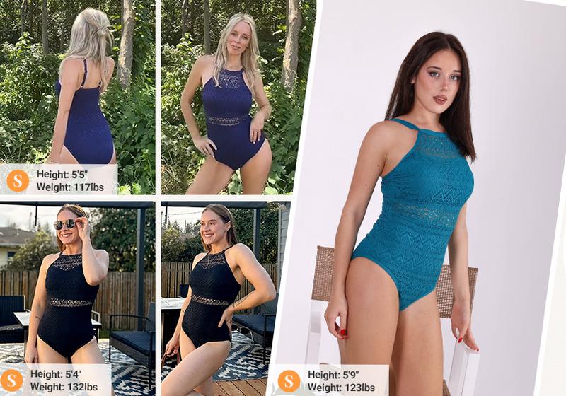 Holipick Lace Women High Neck One Piece Swimsuit Sexy Crochet Bathing Suit Tummy Control Swimwear