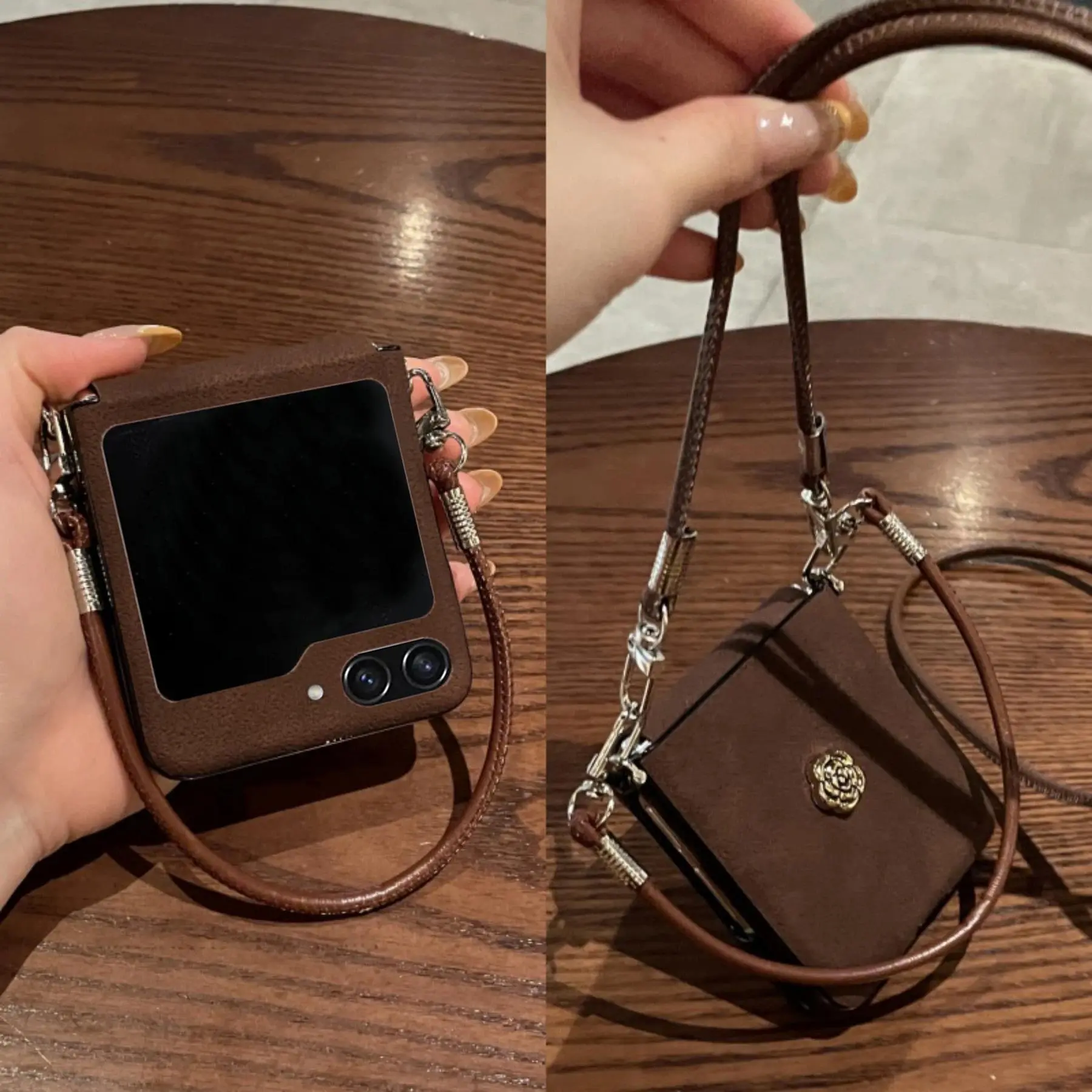 Crossbody Leather Chain Flower Moon Pit Pattern Case for Samsung Galaxy Zflip8 7 6 5 Xiaomi MixFlip2 Motorola Razr70ultra Cover