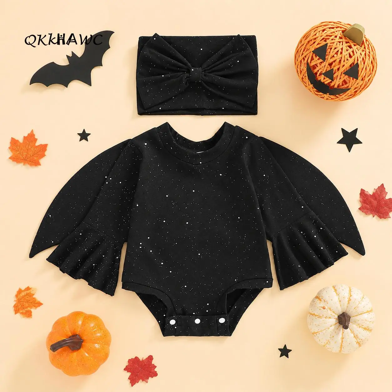 Baby Girl Sparkling Star Batwing Onesie Two-Piece Set, Long-Sleeved Halloween Holiday Costume Onesie with Bow Headband, Newborn Party and Photo Outfit, 0-24 Months