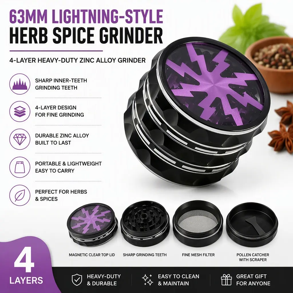 63mm Lightning Grinder, 4‑Layer Zinc Alloy Herb Grinder, Inner‑Tooth Design with Striped Transparent Top Cover