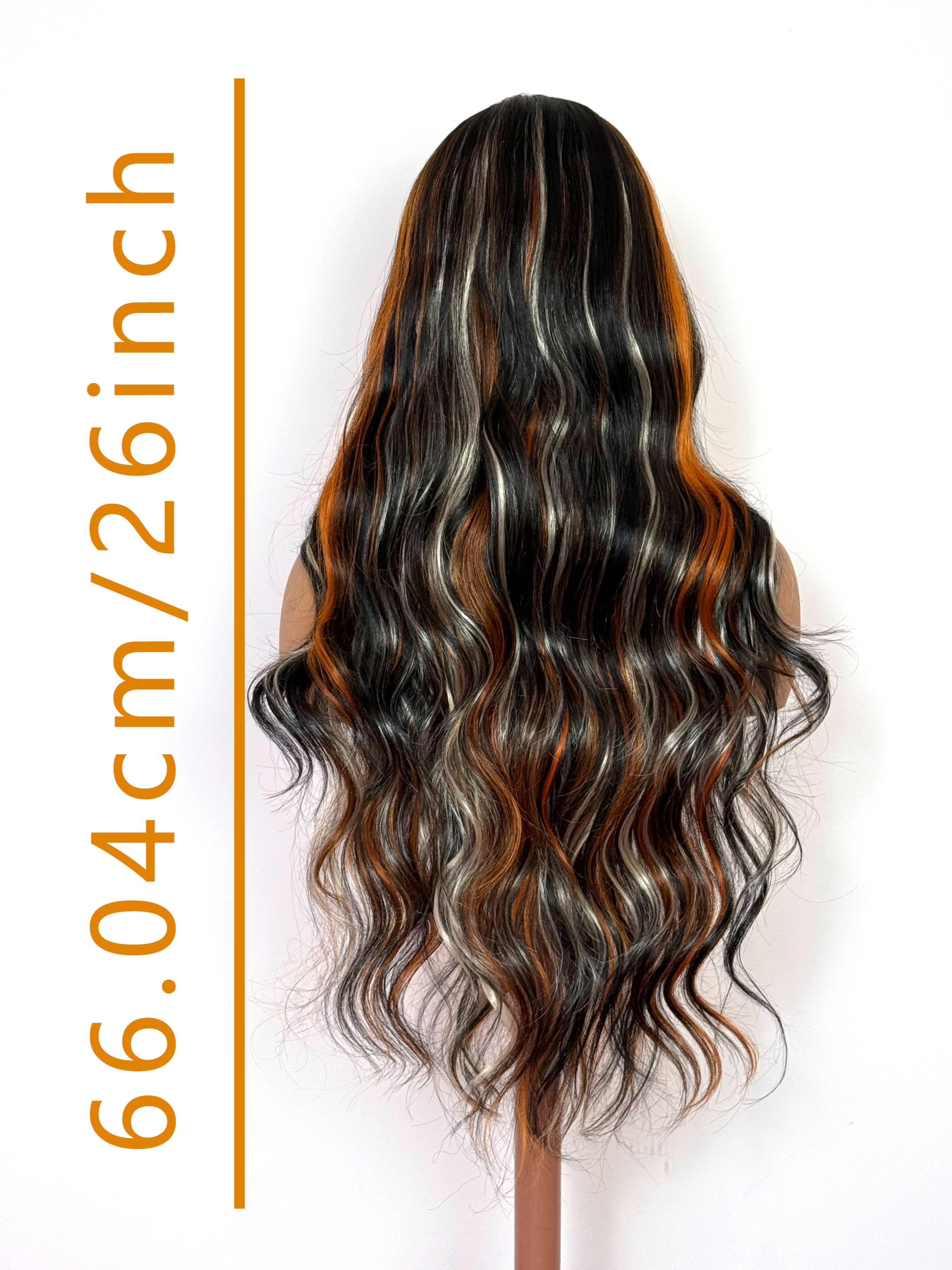 26 Inch Black with Orange Gold Highlights Body Wave Lace Front Wig Heat Resistant Synthetic Hair Glueless Natural Hairline for Daily & Party Wear Synthetic Glueless Wigs