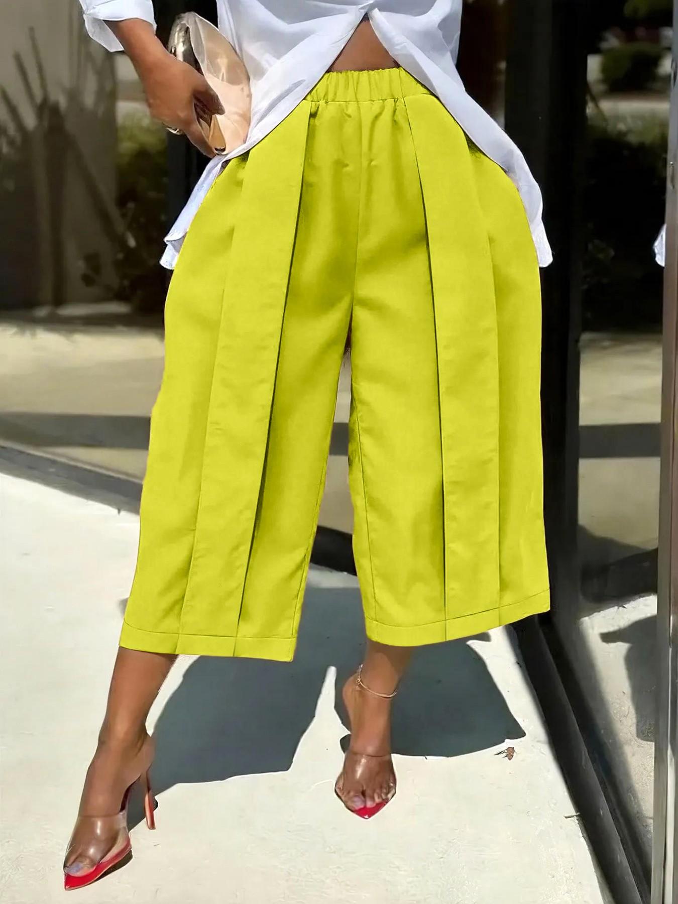 Women's Wide Leg Seven-Quarter Pants Bottom, Summer New Arrival, Elastic Waist, Pleated Slim Fit, Casual Camouflage Workwear