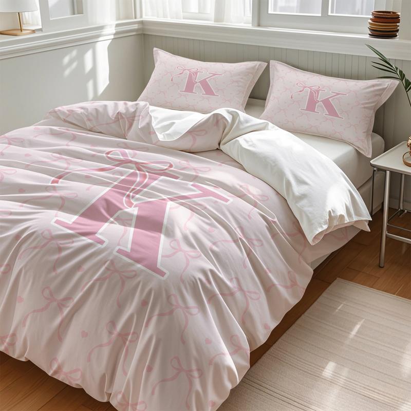 Pink Bow Print Bedding Set, Fashion A-Z Letter Print Design, Includes 1 Duvet Cover and 1/2 Pillowcase, No filling/Zipper Closure, Perfect Creative Bedroom Decoration Kit for Girls, Full Size, Bedsheet Sets