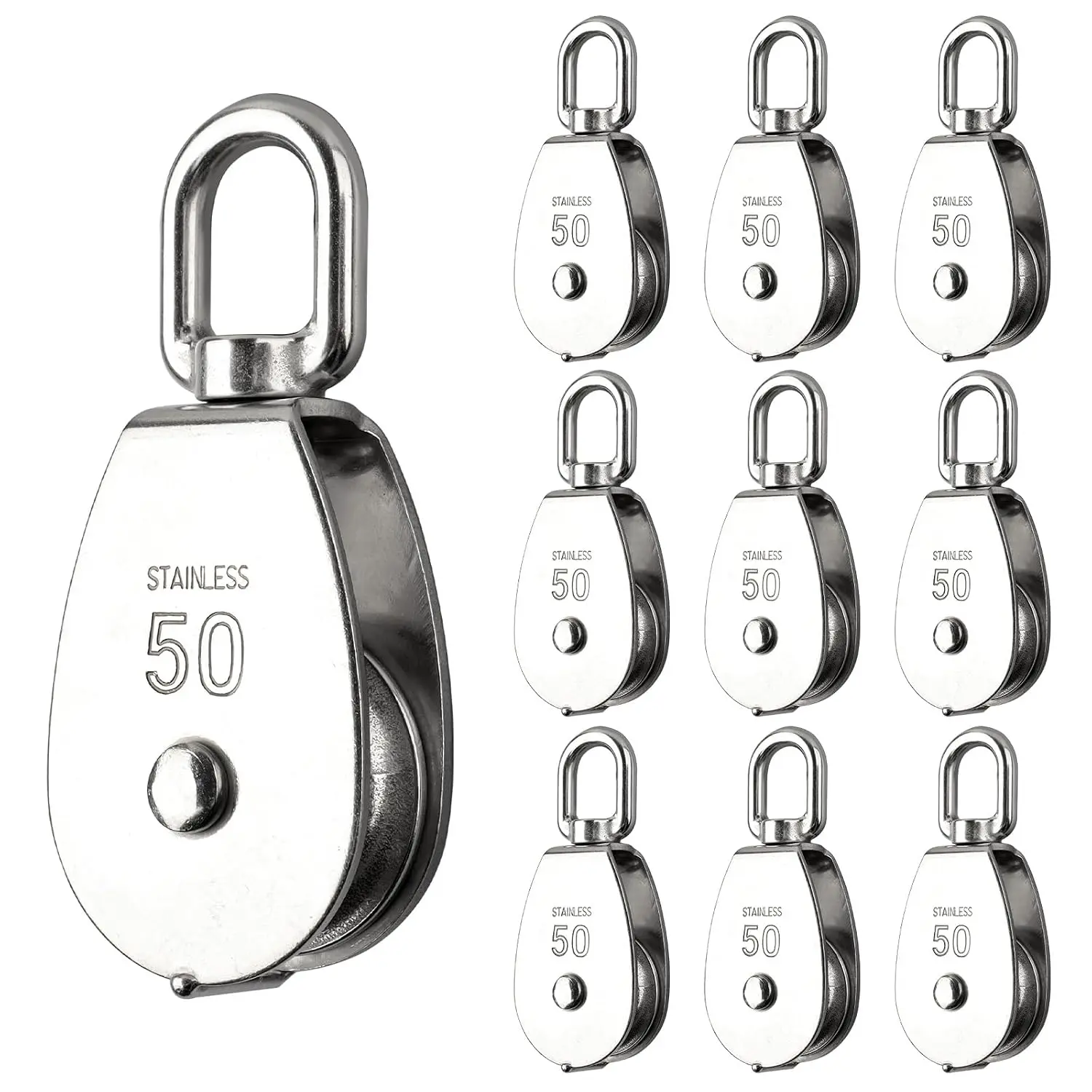 10 Pcs M50 Single Pulley Block, 304 Stainless Swivel Pulley| Wire Rope Pulley Wheel with Rotatable 360° Pulley and Rings Duty and Rope Pulley Block for Rope Lifting