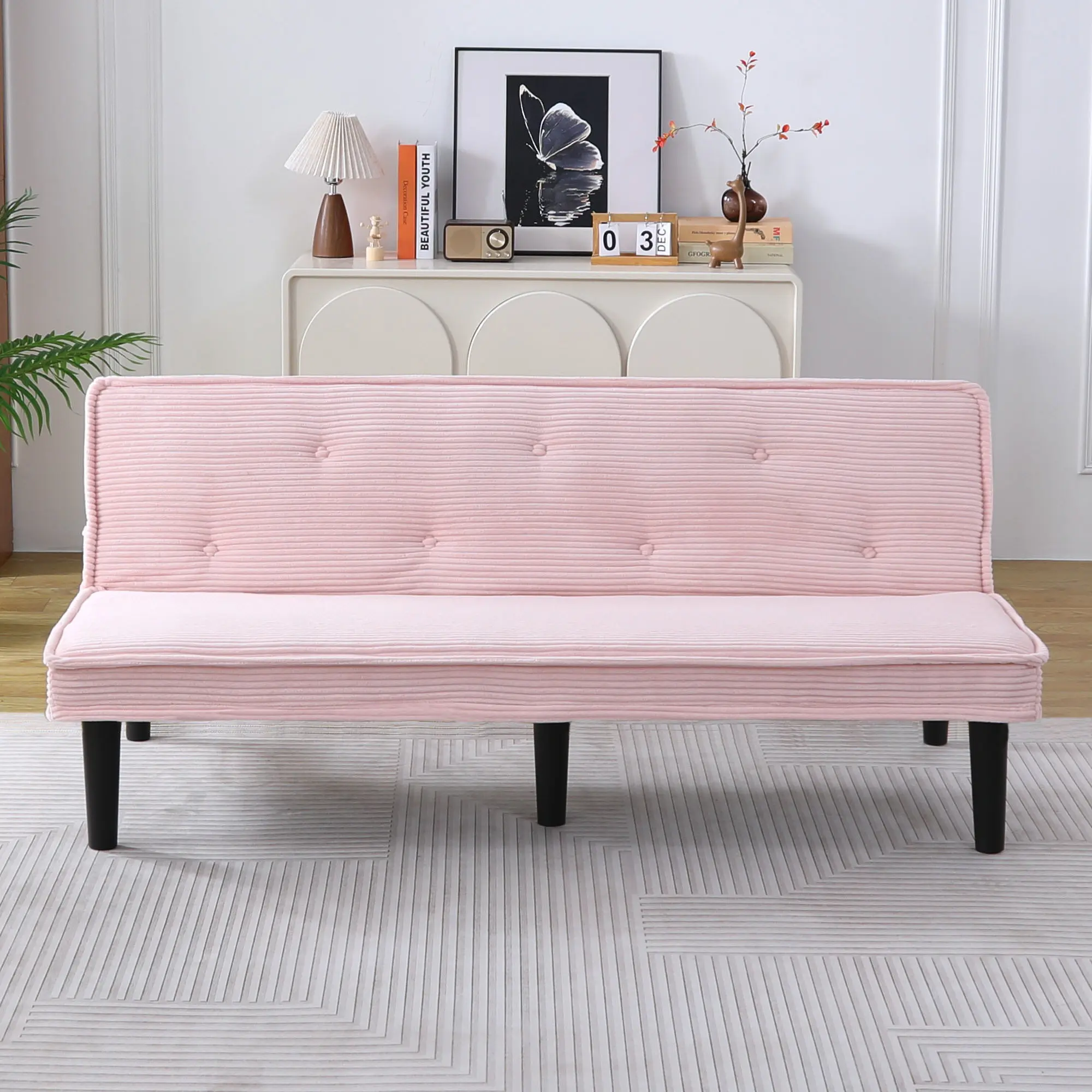 Nokaa 66 Inch Corduroy Sofa Bed Convertible Couch Sleeper Chair with Two Comfortable Forms for Living Room Apartment Bedroom Guest Room, Soft Fabric Upholstered Loveseat, Pink Color Available, Living Room Furniture for Apartment, Lounge